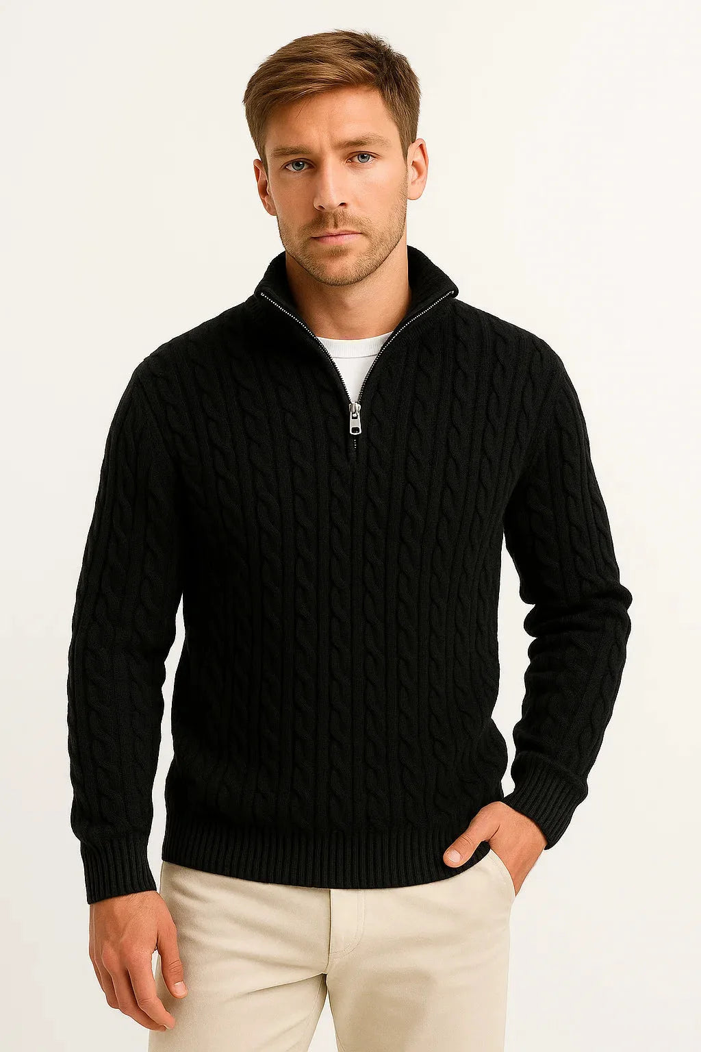 Black cable-knit quarter-zip jumper with half-zip neckline worn over a white t-shirt