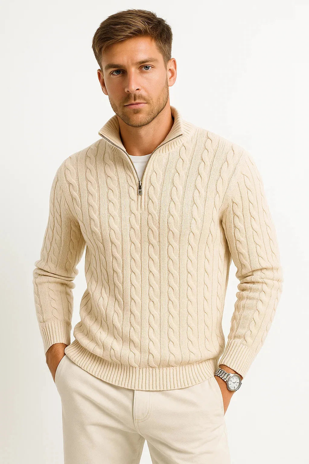 Vanilla beige cable-knit quarter-zip jumper paired with a wristwatch and cream trousers