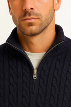 Close-up of the zip pull and ribbed collar detail on a navy cable-knit quarter-zip jumper