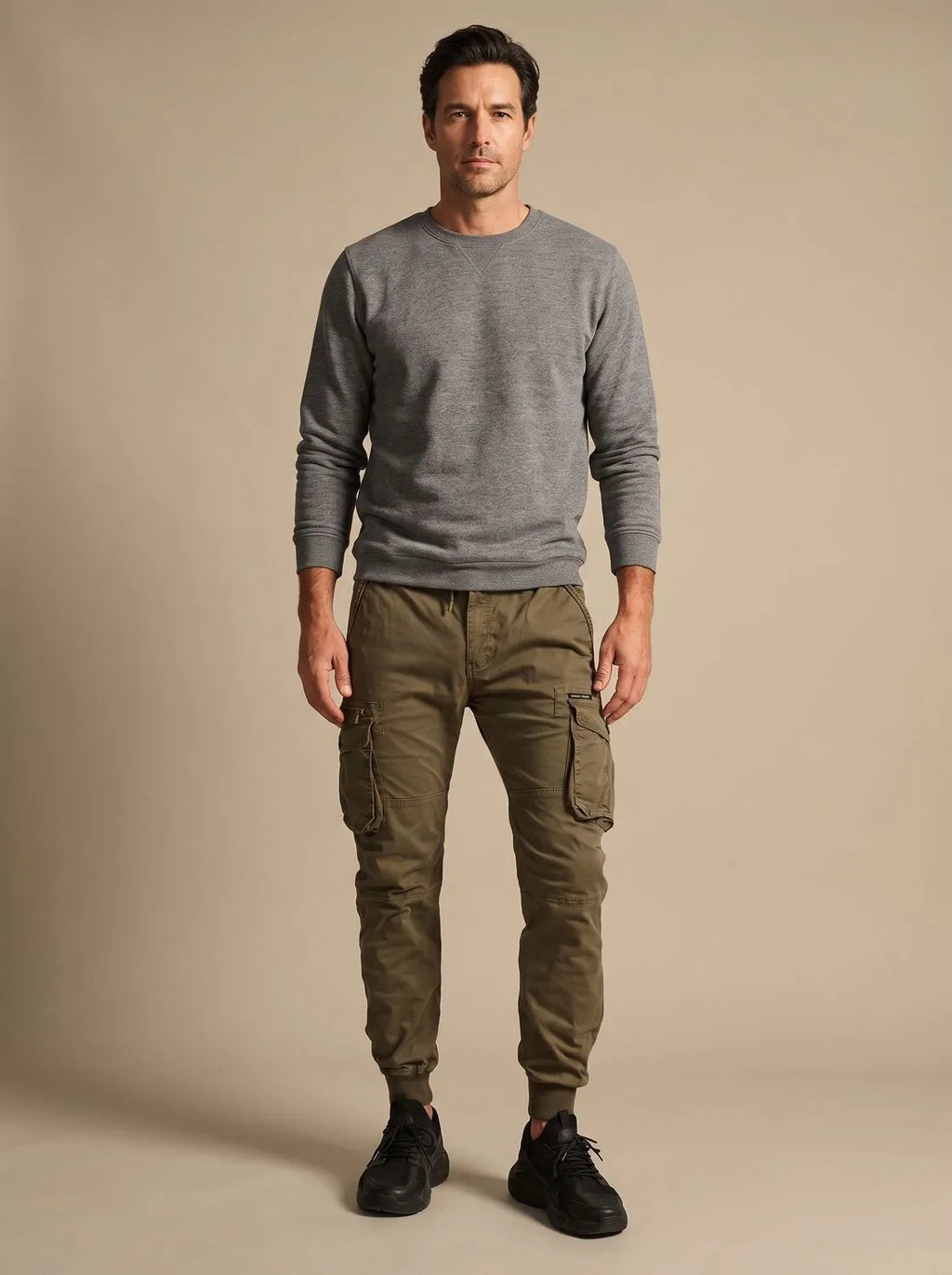 Man wearing a grey marl crew-neck jumper with olive green cargo joggers and black trainers, full-length front view