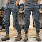Back and side view of slim-fit grey cargo joggers showing buttoned side pocket flap and elastic cuffed hem