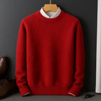 Red knitted jumper on a wooden hanger layered over a white collared shirt, full front view