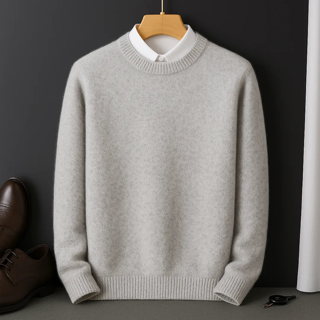 Light grey marl knitted jumper on a hanger, styled over a white shirt collar, front view