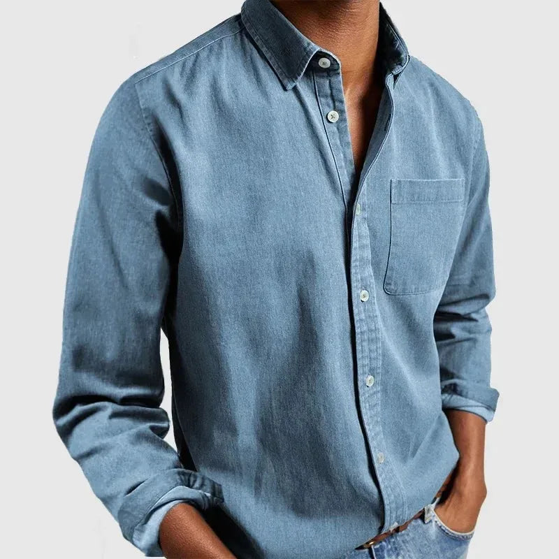 Close detail of the collar and button placket on a casual long sleeve shirt in a muted tone