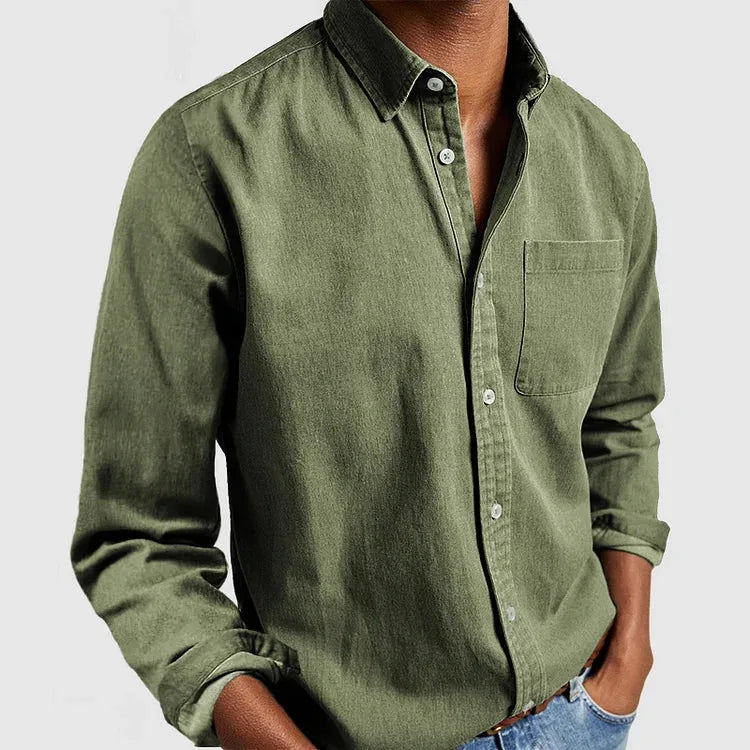 Olive green long sleeve shirt with visible stitching detail on the chest pocket and placket