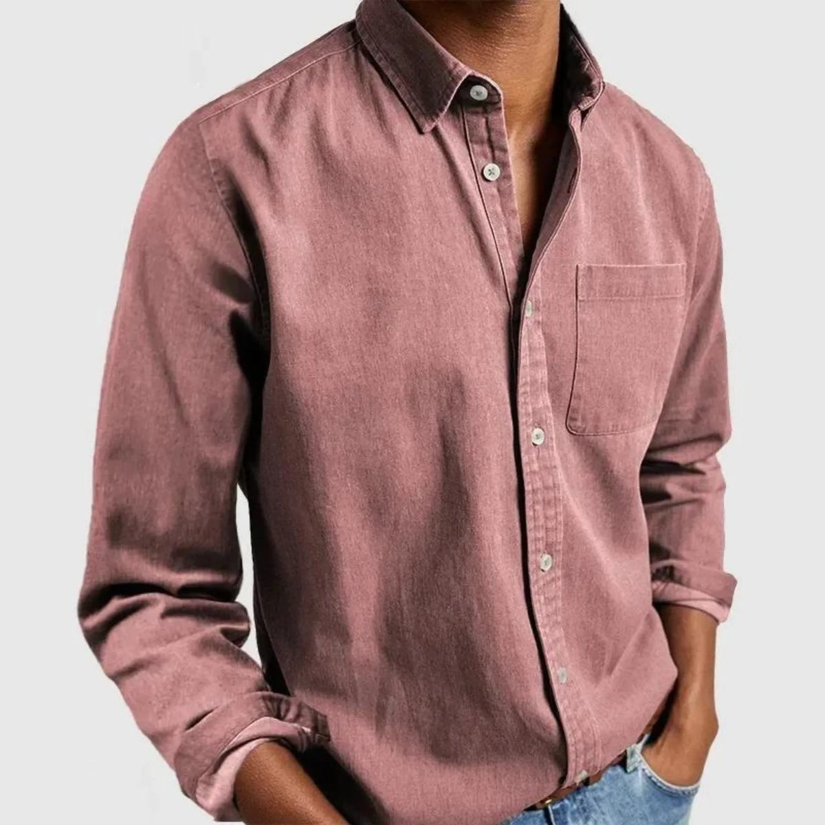 Deep burgundy red long sleeve shirt shown from the chest down, highlighting the buttoned cuff