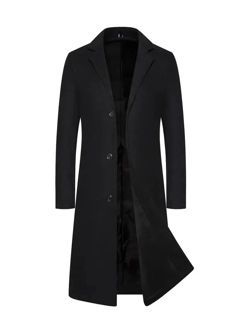 Black tailored long overcoat with notch lapel, single-breasted button front and black satin lining, shown open
