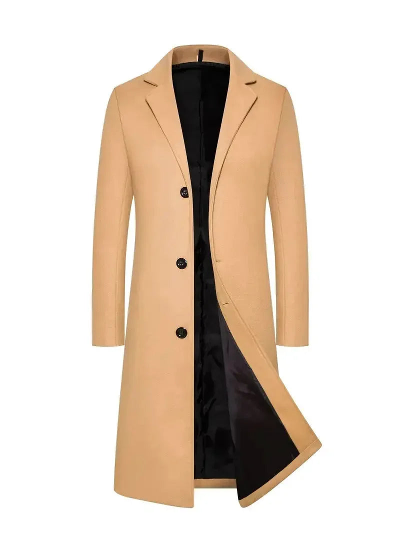 Camel wool-blend long overcoat with notch lapel and three-button front, open to reveal black lining