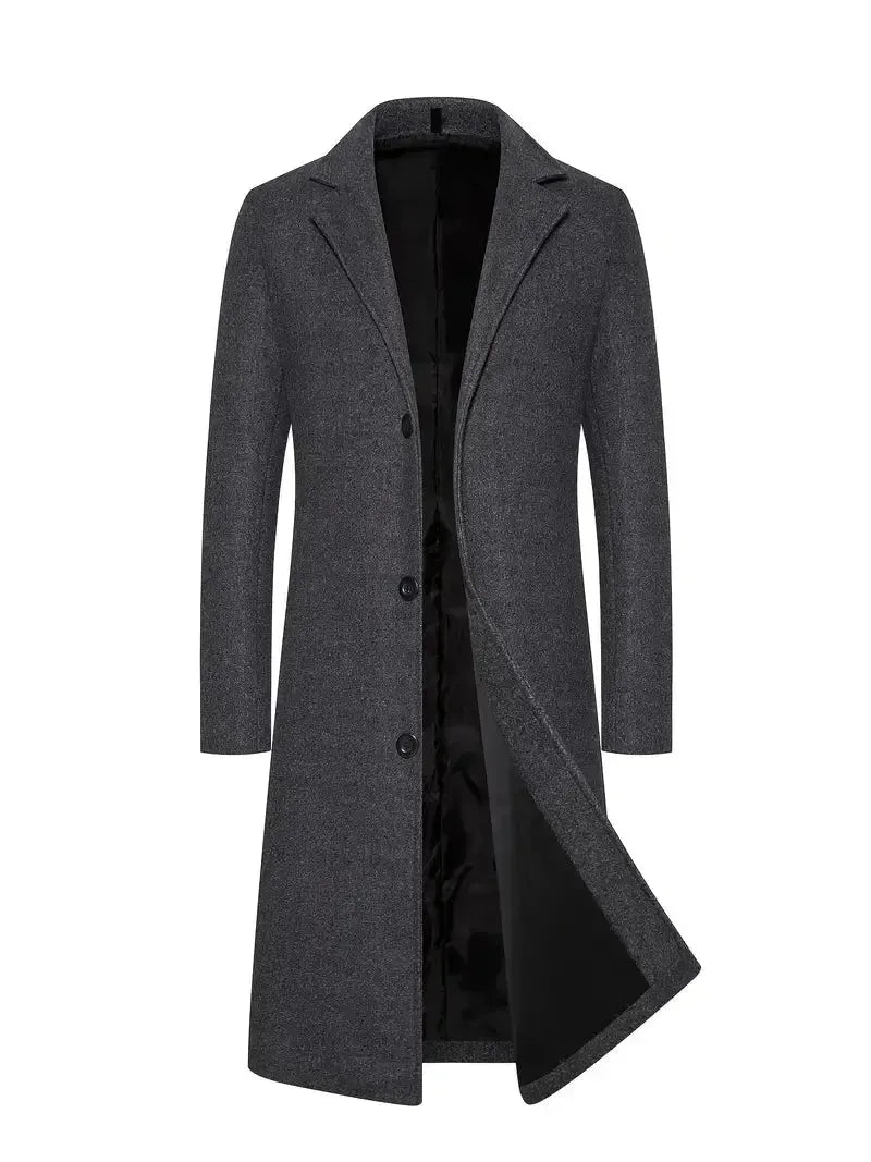 Dark grey long overcoat with notch lapel and single-breasted buttons, shown unbuttoned with satin lining visible
