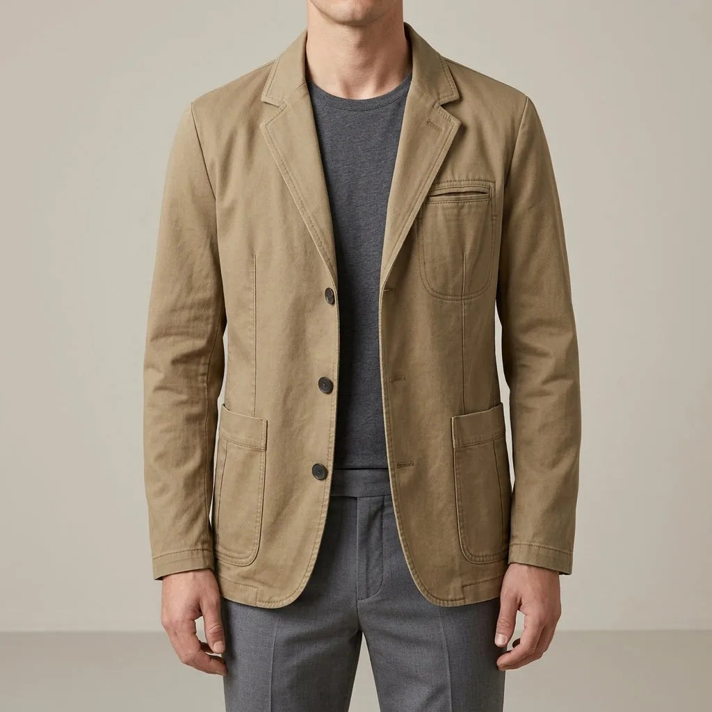 Front view of a man wearing a khaki cotton blazer over a grey t-shirt, unbuttoned collar and notch lapel visible