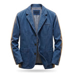 Light denim blazer on a wooden hanger, front view showing faded wash, notch lapel and patch pockets