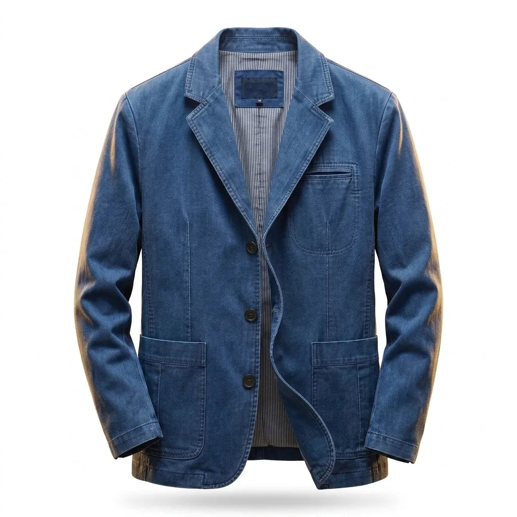 Light denim blazer on a wooden hanger, front view showing faded wash, notch lapel and patch pockets