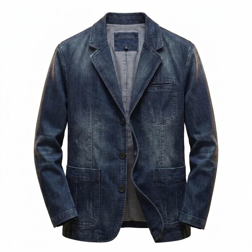 Dark denim blazer on a wooden hanger, front view with distressed detailing and visible wash fading on the sleeves