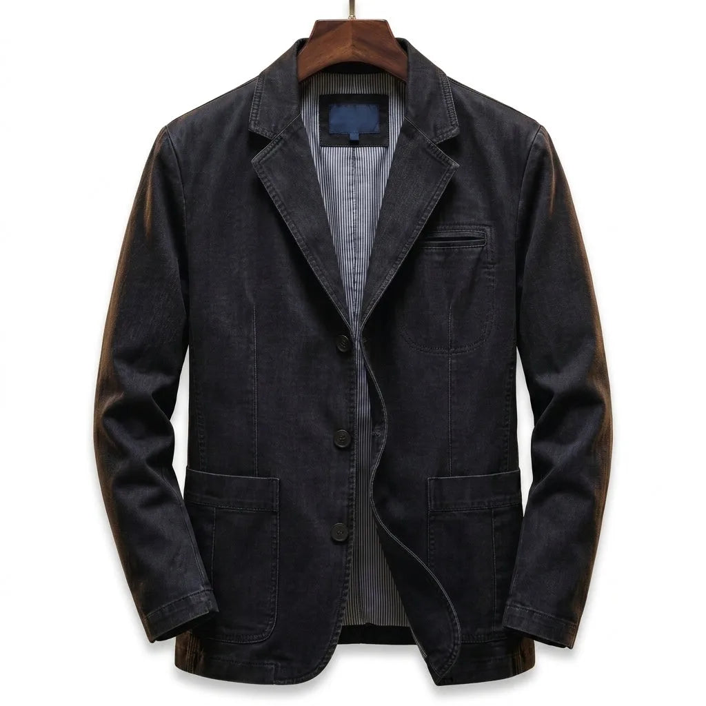 Black washed denim blazer on a wooden hanger, front view showing structured shoulders and three-button front