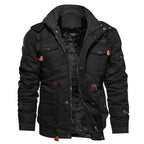 Black cargo-style jacket laid flat, unzipped, showing the soft fleece lining and stand-up collar