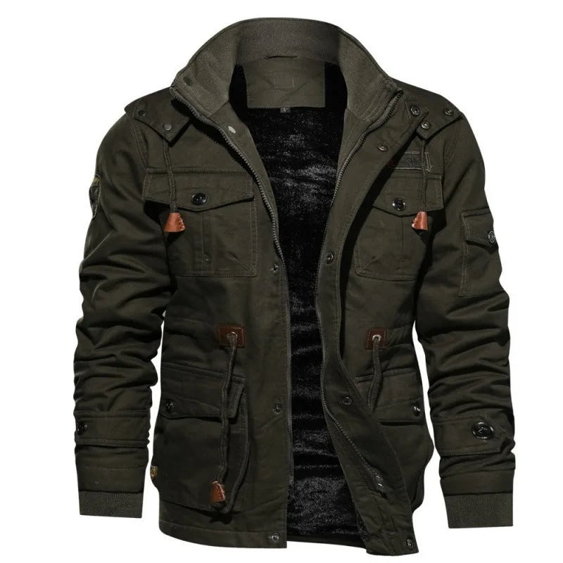 Olive green cargo field jacket with multiple chest and side pockets and leather drawcord toggles
