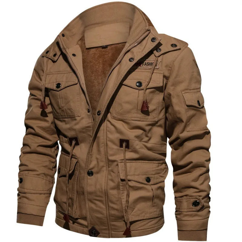 Khaki brown cargo field jacket shown front-on with stand collar, zip closure and fleece-lined hood