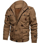 Khaki brown cargo field jacket shown front-on with stand collar, zip closure and fleece-lined hood