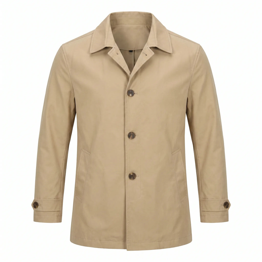 Beige trench coat shown from the front, fully buttoned, with pointed collar and horn-style buttons on a plain background