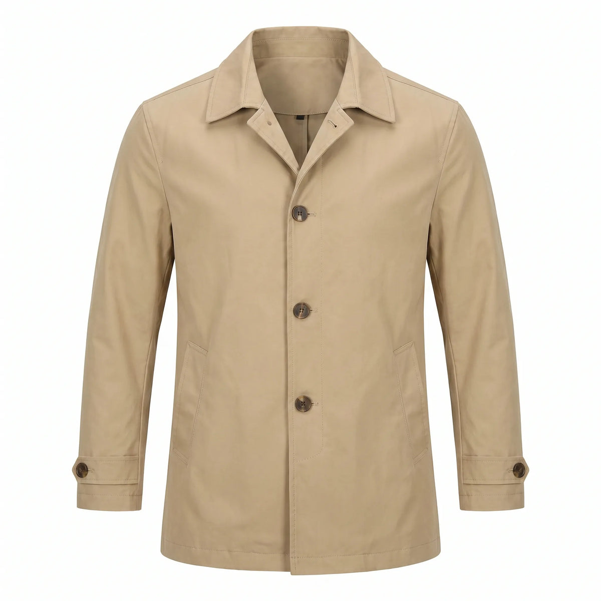 Beige trench coat shown from the front, fully buttoned, with pointed collar and horn-style buttons on a plain background