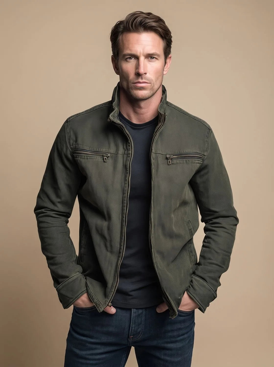 Man wearing an olive green cotton jacket with stand collar, zip-up front and two chest zip pockets, hands in side pockets