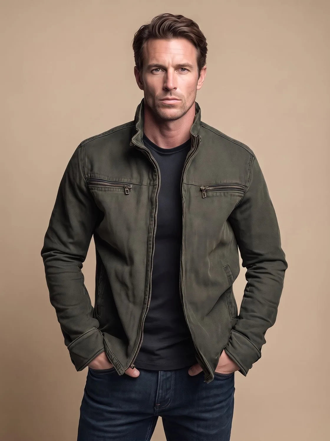 Humphrey | Men's Cotton Zip-Up Jacket with Stand Collar for Autumn