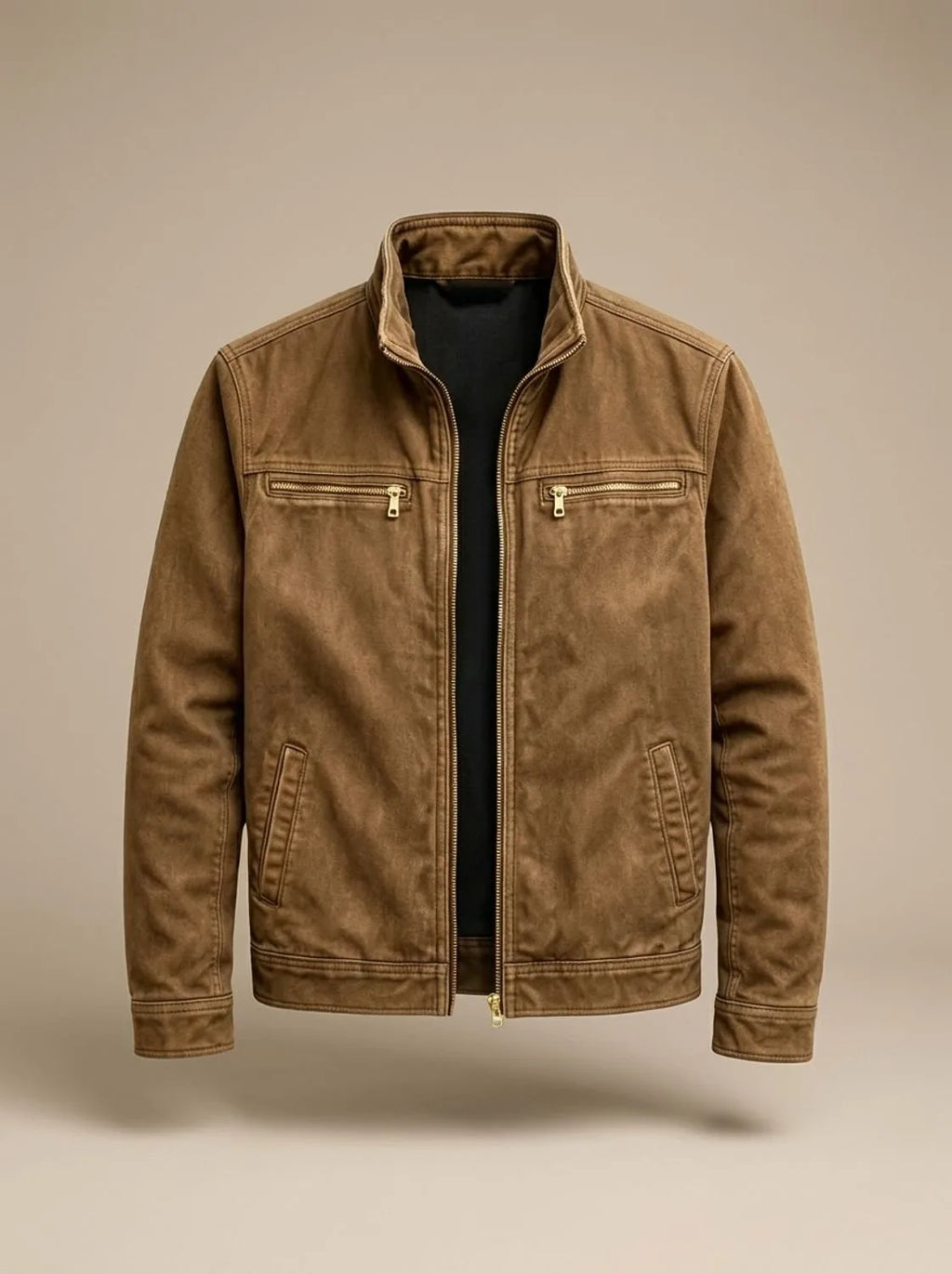 Tan brown cotton jacket laid flat, zipped, with brass-toned zip pulls and stand collar