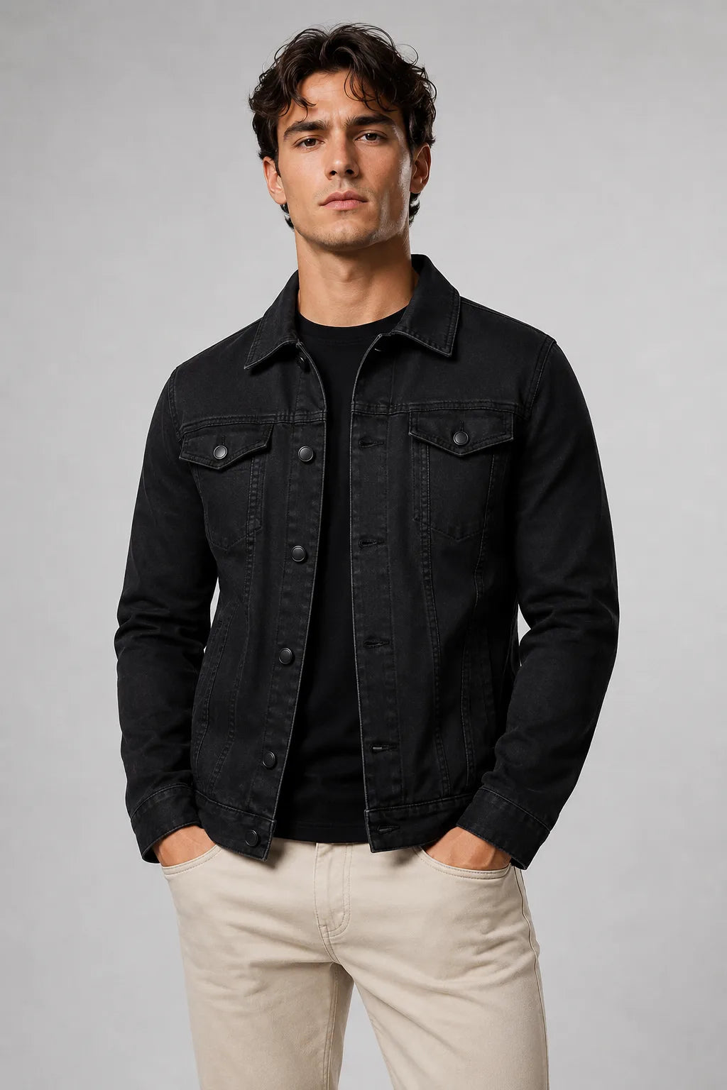 Black denim trucker jacket worn open over a black t-shirt with beige trousers, front facing shot