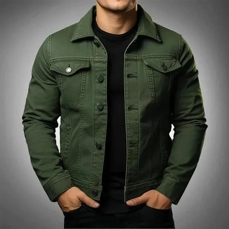 Dark green denim trucker jacket with fold-down collar and button front, close front view