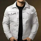 White denim trucker jacket with button front and classic collar, close up front view