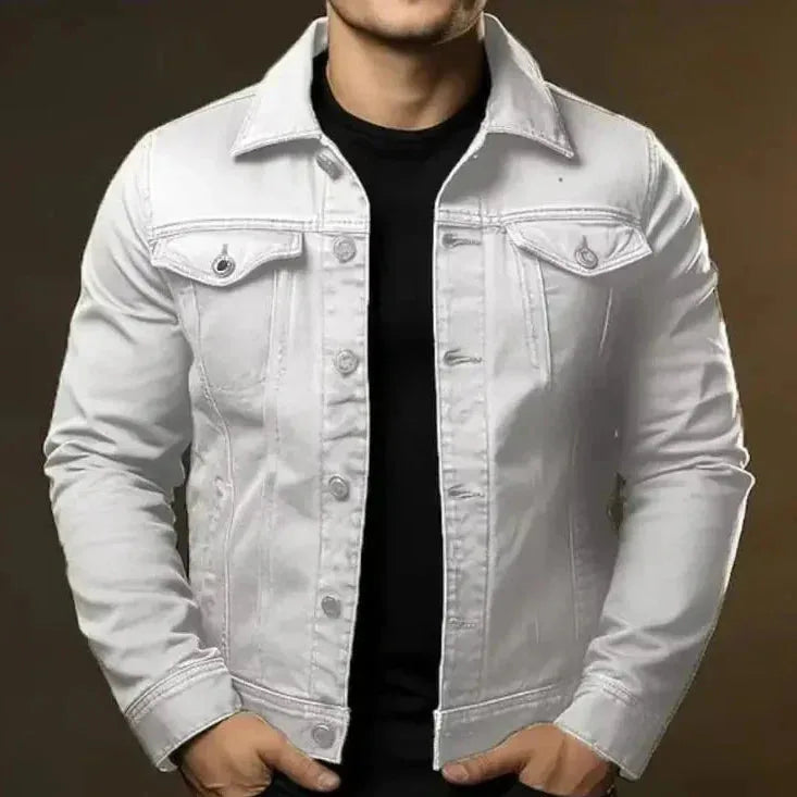 White denim trucker jacket with button front and classic collar, close up front view