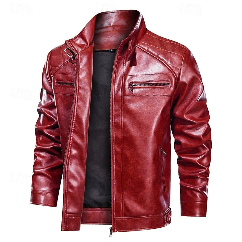 Red leather biker jacket worn open, showing quilted shoulder panels and stand-up collar with zip pockets