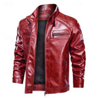 Red leather biker jacket worn open, showing quilted shoulder panels and stand-up collar with zip pockets
