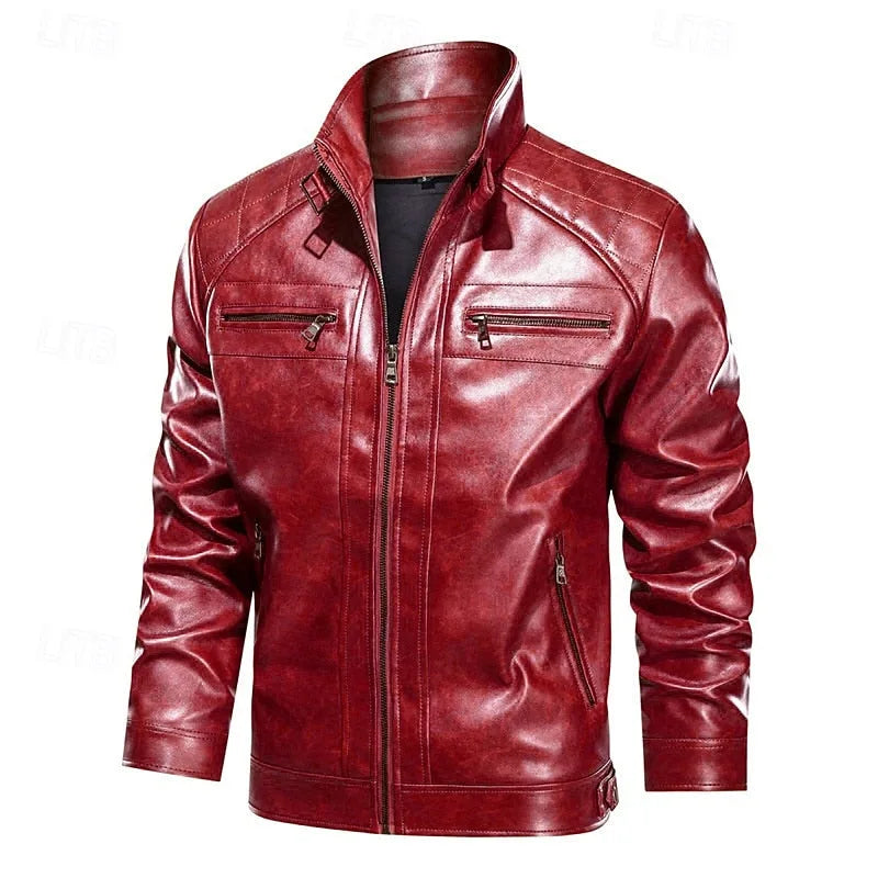 Front view of red leather biker jacket fully open, revealing black lining and chest zip pocket detail