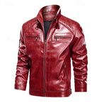 Front view of red leather biker jacket fully open, revealing black lining and chest zip pocket detail