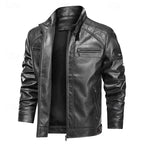 Black leather biker jacket open front, showing stand-up collar, quilted shoulders and zip chest pocket