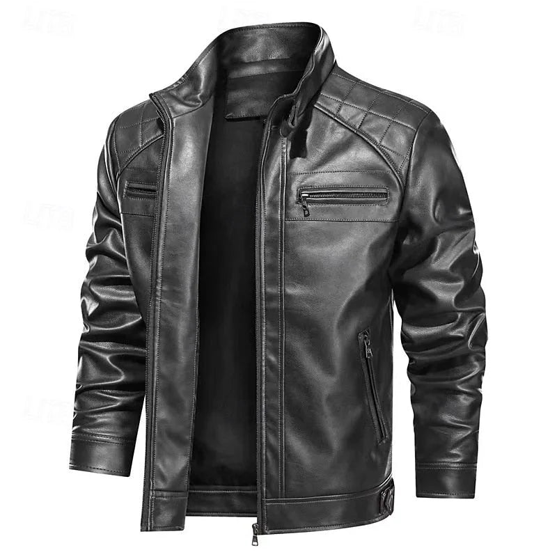 Black leather biker jacket open front, showing stand-up collar, quilted shoulders and zip chest pocket