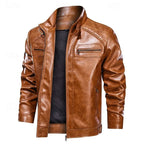 Tan brown leather biker jacket worn open, showing smooth finish and zip pockets on chest and sleeve
