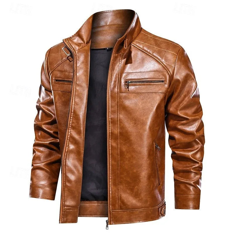 Tan brown leather biker jacket worn open, showing smooth finish and zip pockets on chest and sleeve