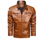 Front view of tan brown leather biker jacket unzipped, highlighting collar strap buckle and stitching