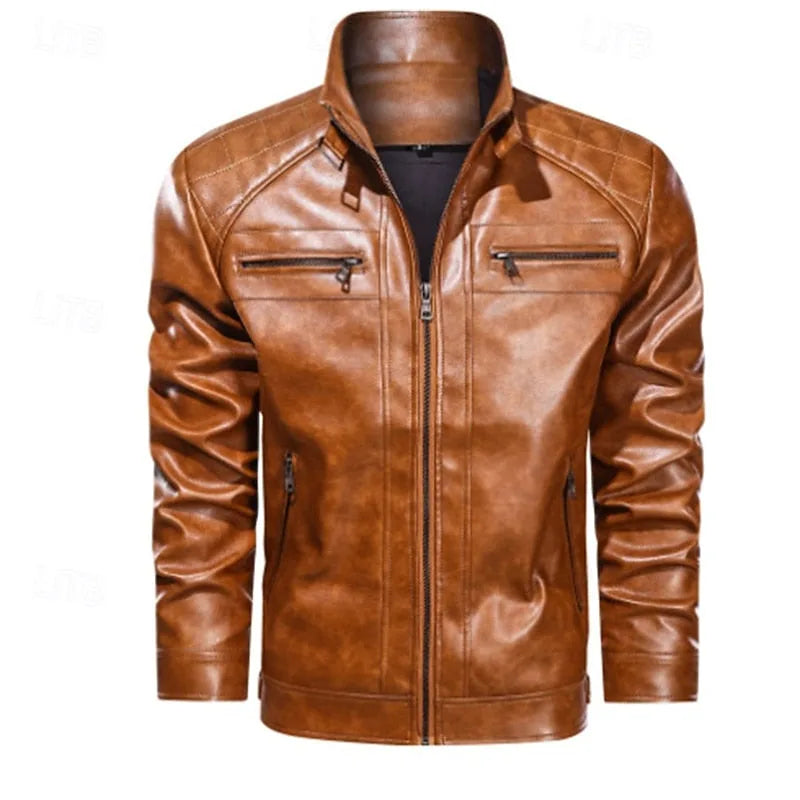 Front view of tan brown leather biker jacket unzipped, highlighting collar strap buckle and stitching