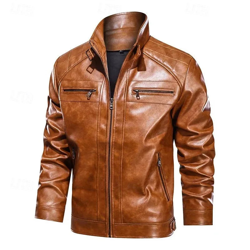 Close view of tan brown leather biker jacket showing zip fastenings, cuffs and adjustable waist tab