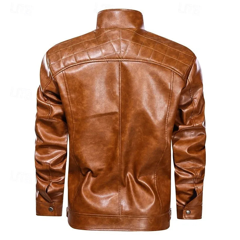 Back view of tan brown leather biker jacket showing quilted shoulder yoke and fitted sleeve seams