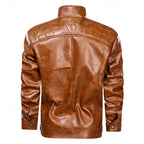 Back view of tan brown leather biker jacket showing quilted shoulder yoke and fitted sleeve seams