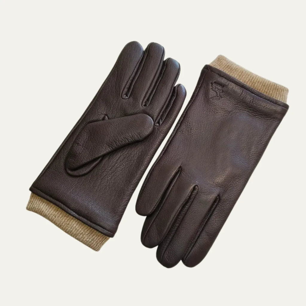 Brown leather driving gloves with tan ribbed knit cuffs, paired flat showing palm and back of hand