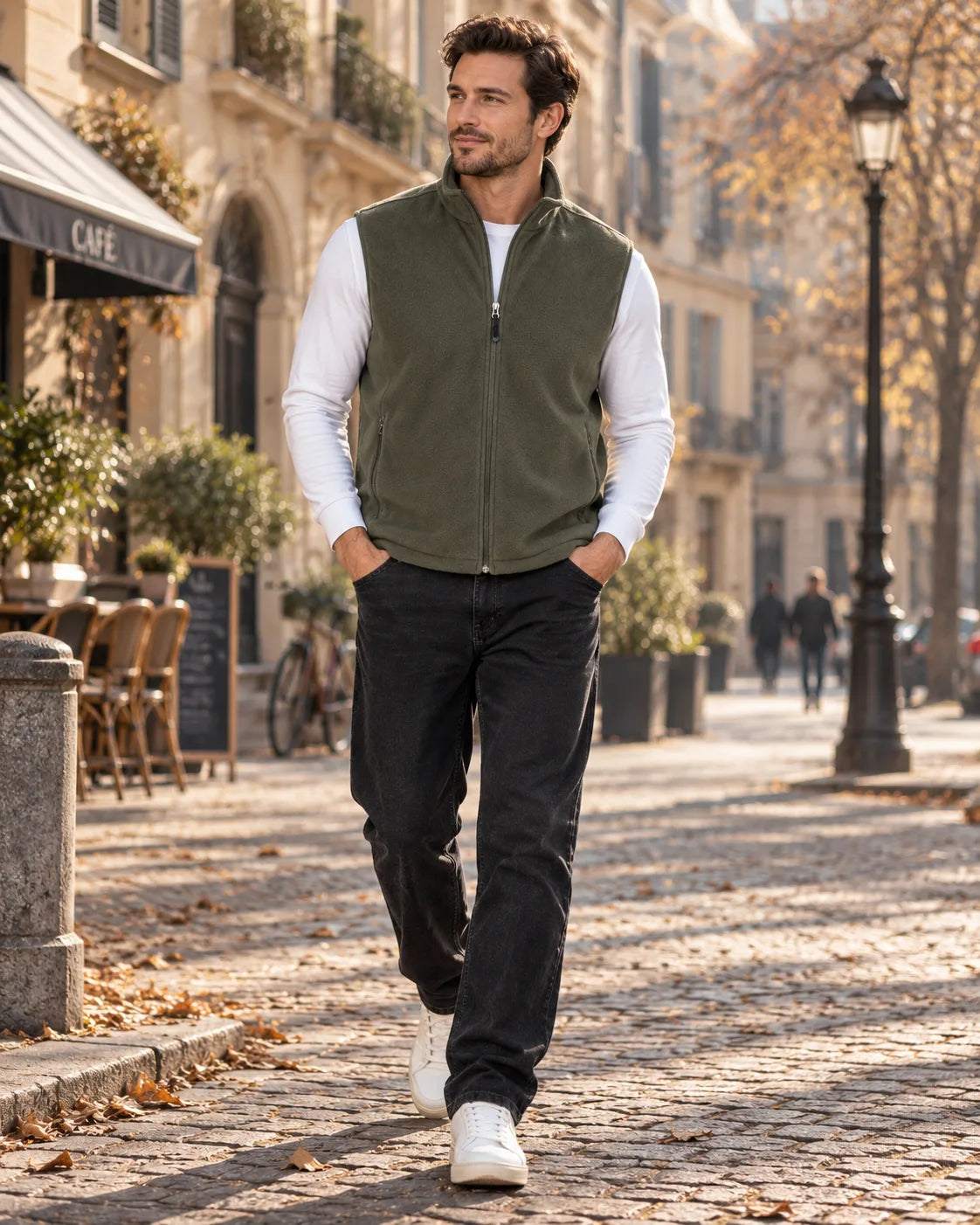 Olive green fleece gilet with zip pockets styled over a white layer and black trousers, walking past a street-side cafe