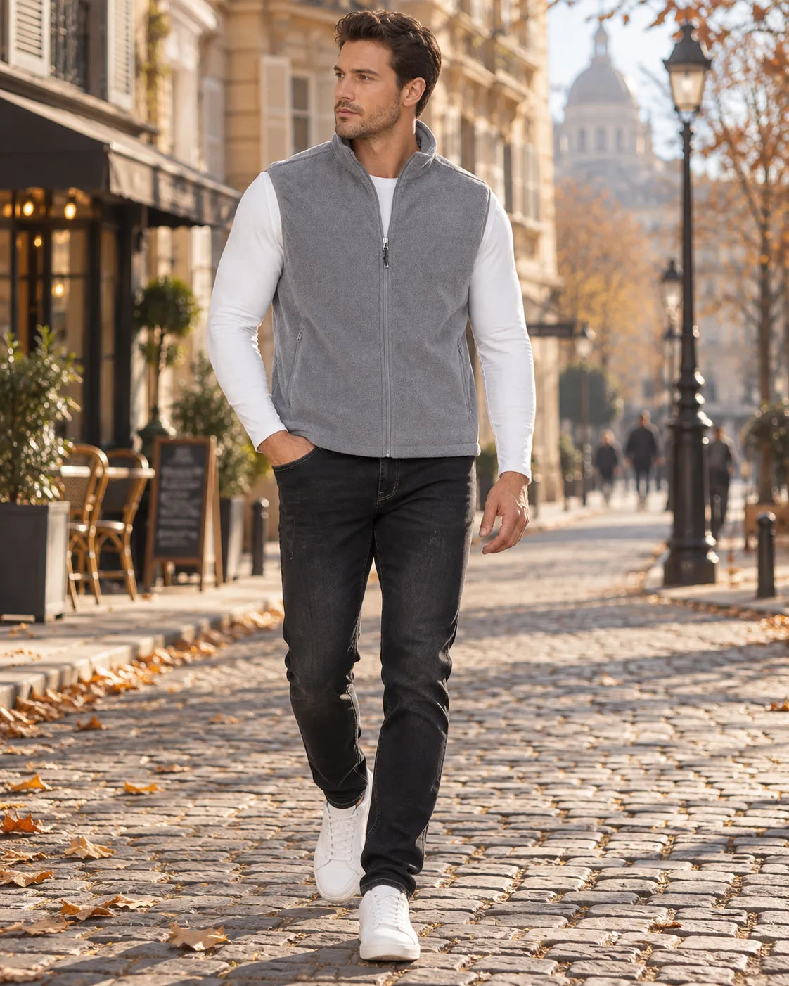 Grey fleece gilet with full zip and zipped pockets, shown with white top and faded black jeans on cobblestones