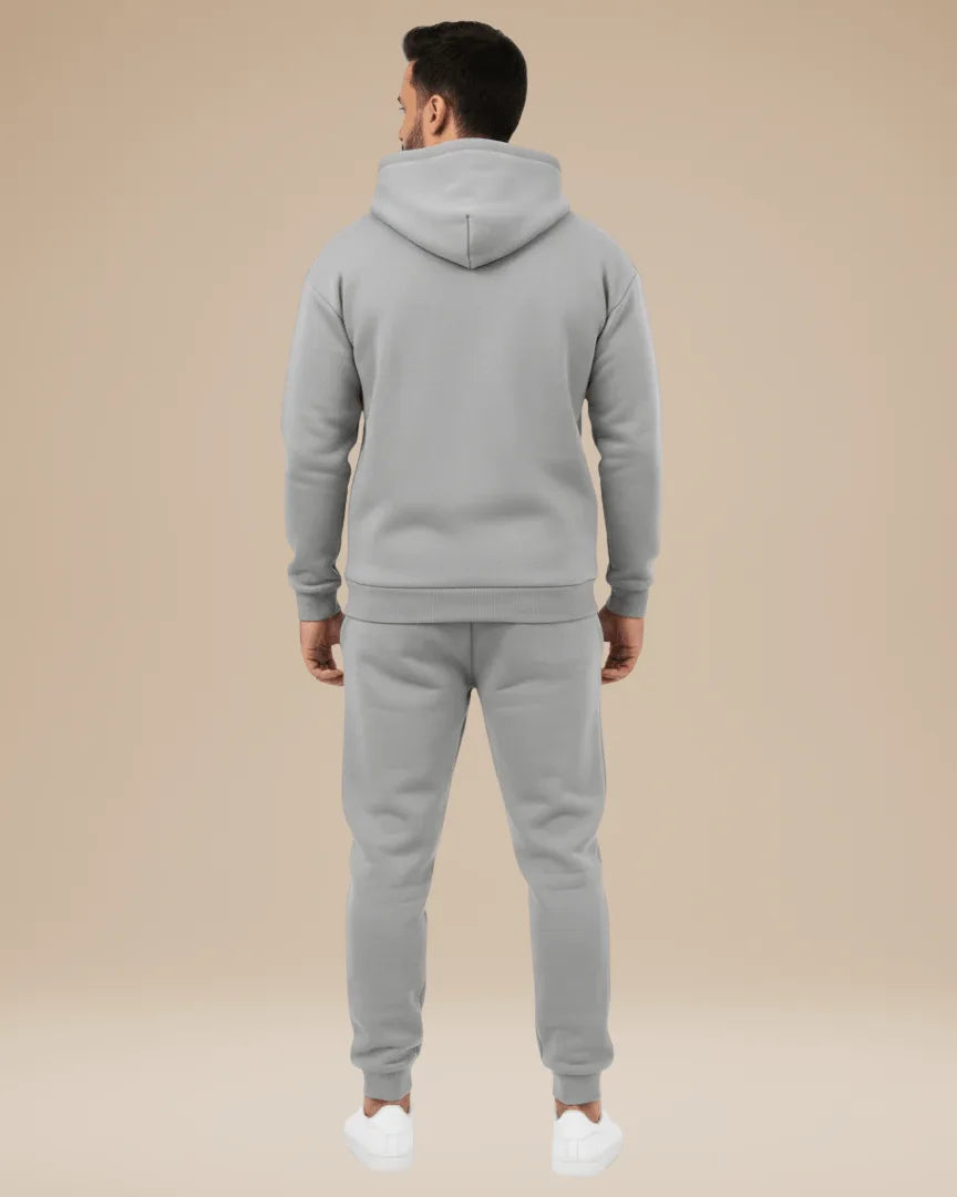 Close-up front view of the khaki hoodie showing the drawstring hood and kangaroo pocket