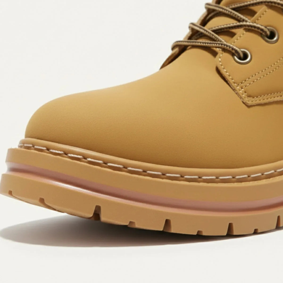 Close-up of the toe cap and layered gum outsole with visible stitch detailing