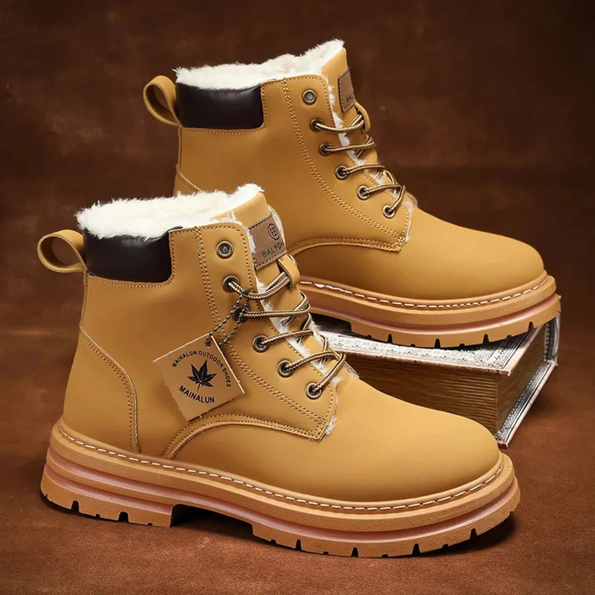 Pair of tan boots with fur-lined collar standing on a wooden surface near rope coils